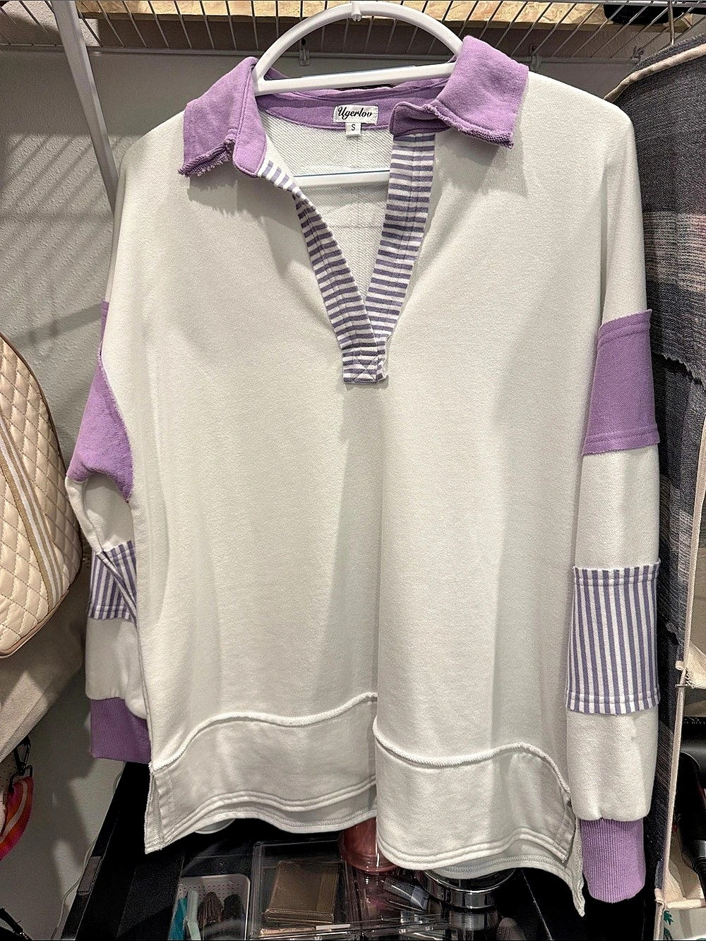 Rag & Bone Striped Long Sleeve Top in White & Purple Size Small